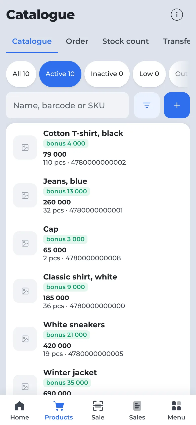 Catalogue and stock levels — on a phone